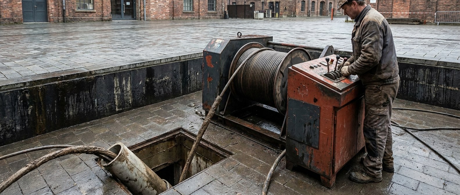 оператор у underground cable winch at a manhole