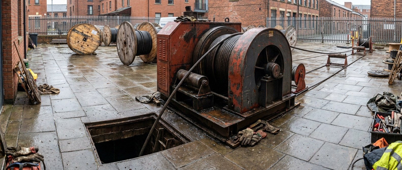 underground cable winch at a manhole на трассе