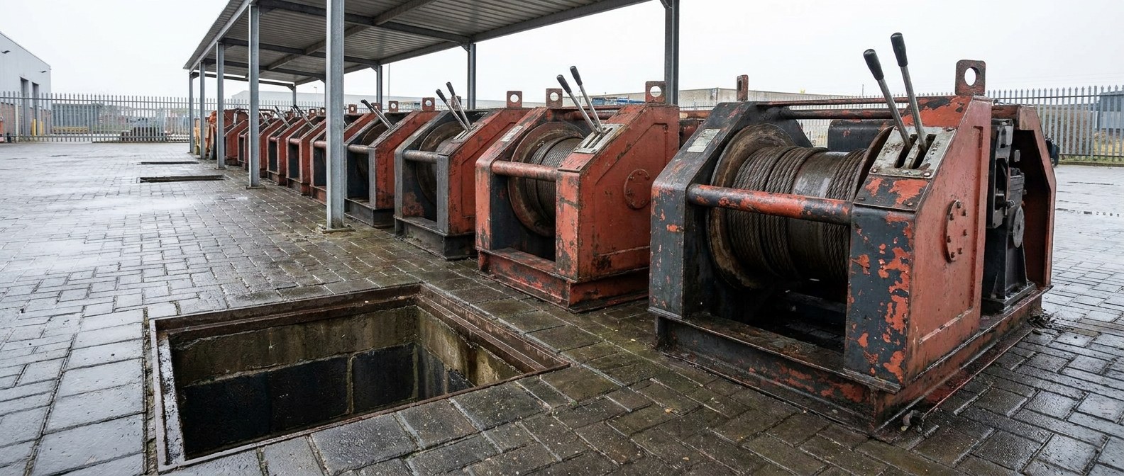 underground cable winch at a manhole в ряду на площадке